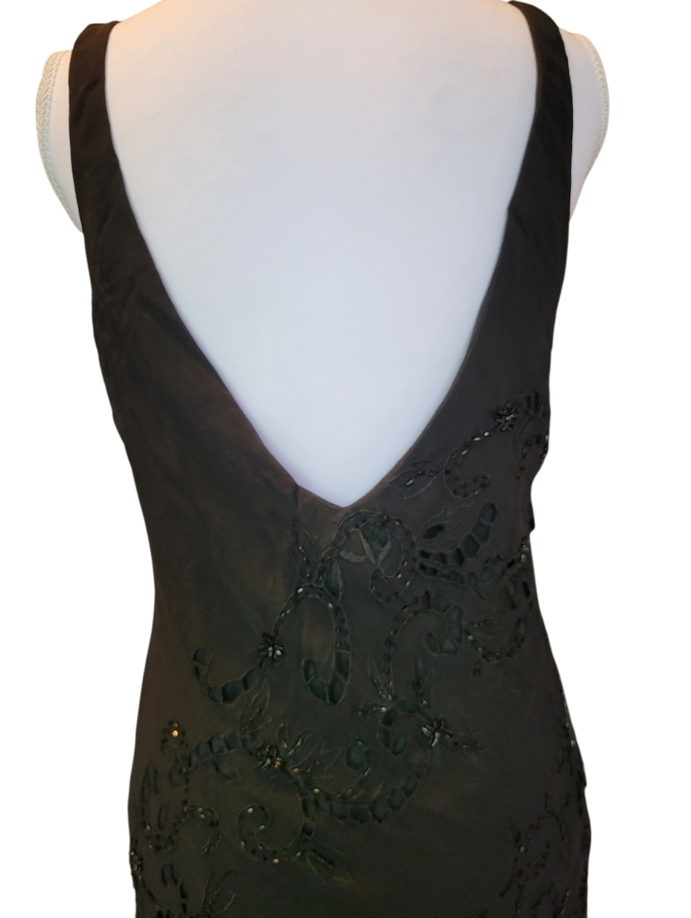 Vtg 90s Y2K Marina 100% Silk Black Beaded Vneck Asymmetrical Hem Evening Dress - Picture 6 of 10
